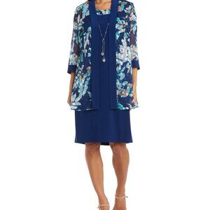 R&M Richards Womens Size 8 Navy Blue Floral Necklace Jacket & Dress Set Cocktail